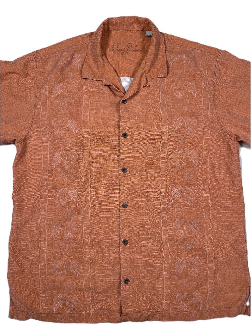 Tommy Bahama Men's Short Sleeve Silk Camp Shirt Large Orange Tropical Print